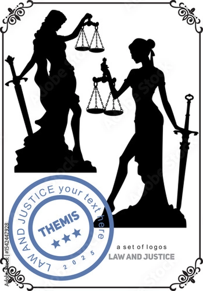 Fototapeta silhouette of the goddess of justice Themis in an elegant frame vector illustration