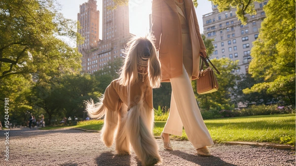 Fototapeta A stylish woman walks an elegant Afghan hound through a sunlit urban park, exhibiting fashion and elegance with a cityscape background. Image made using Generative AI.