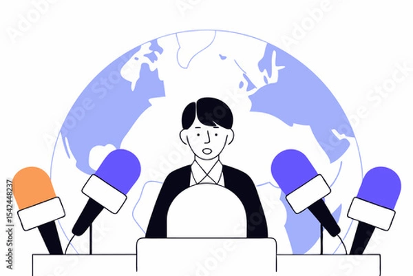 Fototapeta Minimalist press event, person at podium with microphones and world map, media communication, public speech, global