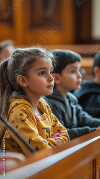 Fototapeta A hopeful young girl with glasses listens intently during a children's parliament session, her expression full of curiosity and engagement