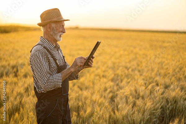 Fototapeta A senior farmer focuses on his tablet while surrounded by golden wheat under a sunset glow, highlighting modern agriculture.