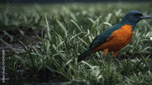 Fototapeta Chestnut bird in wetland habitat, detailed feathers and grasses under overcast light