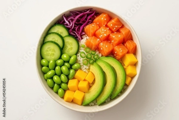 Fototapeta A colorful and appetizing poke bowl featuring fresh salmon, avocado, mango, cucumber, edamame, red cabbage, rice, and green onions, perfect for a healthy lunch.