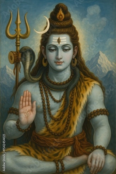 Fototapeta Traditional painting of Lord Shiva in meditative pose with trident, crescent moon, snake, and sacred markings. Symbolic representation of Hindu spirituality and divine energy