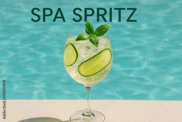 Fototapeta Glass of spa spritz cocktail with cucumber slices and basil served over ice by a swimming pool. Bright outdoor scene suggests freshness, summer, and relaxation