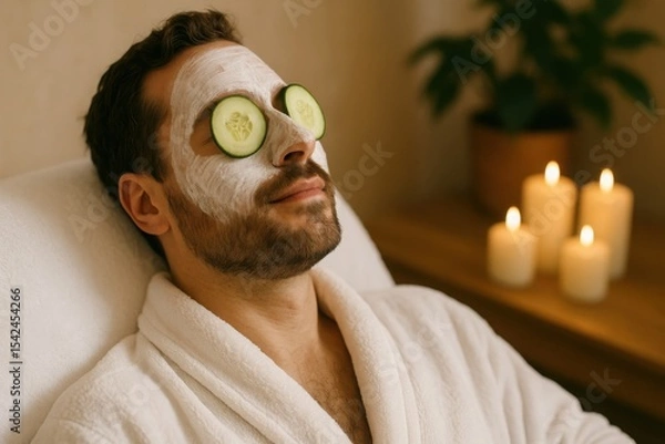 Fototapeta Man relaxing with face mask and cucumbers, with white facial mask and cucumber slices on eyes. Spa setting with candles and calm light evokes wellness and self-care