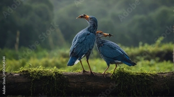 Obraz Two Whistling Herons Standing Together on a Mossy Log Holding Prey