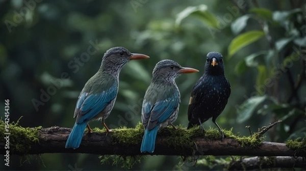 Obraz Group of birds perched on mossy branch in forest environment