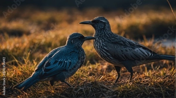 Obraz Two Wattled Starlings Standing on Dry Grassy Ground at Sunset
