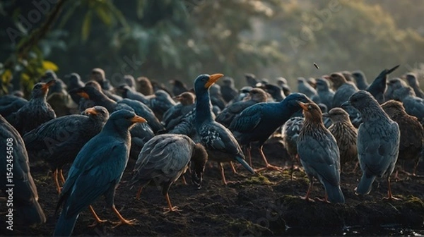 Obraz Flock of Various Birds Gather on Muddy Bank in Wetlands
