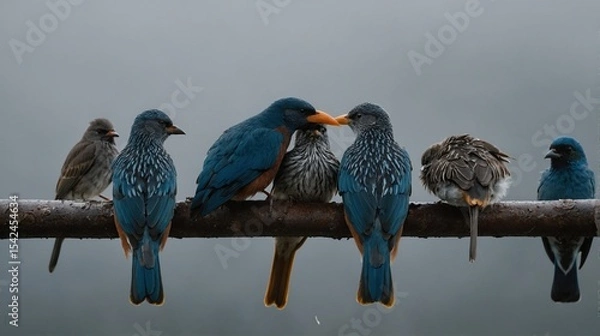 Obraz Group of Colorful Birds Perched on a Branch in Natural Setting