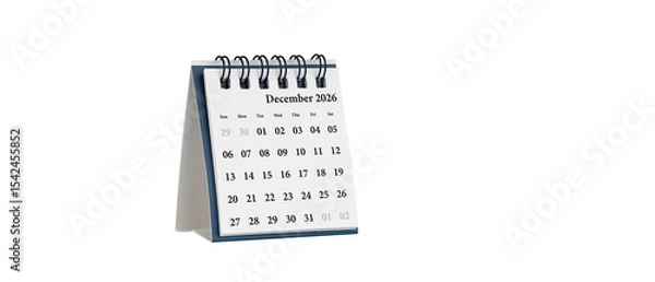 Fototapeta Desktop calendar for December 2026 in white colour. Mini planner for business and finance, spiral view on isolated white background close up.