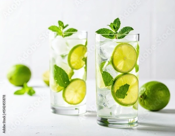Fototapeta Tall transparent glass filled with mojito, large ice cubes, lime slices and fresh mint leaves, on a light surface, bright high-contrast photo, no blur or text.