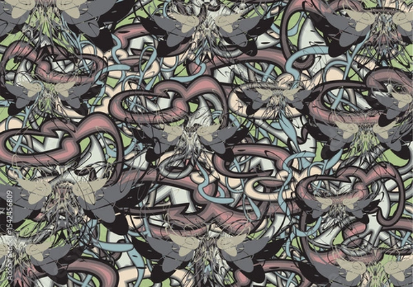 Fototapeta Camouflage backdrop created by butterfly wings and linear elements for fabrics or prints. Ethnic chaotic motifs for covers, scrapbooking, tiles, fashion trends, textiles, wallpaper, dynamic posters