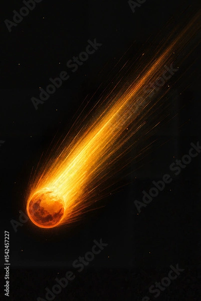 Obraz Glowing meteor with fiery tail streaking across dark sky  