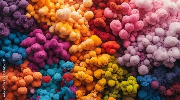 Fototapeta Vibrant abstract multicolor yarn texture with organic swirling patterns in rainbow palette. Fiber art conceptual background. Colourful wool spirals and textile clouds.