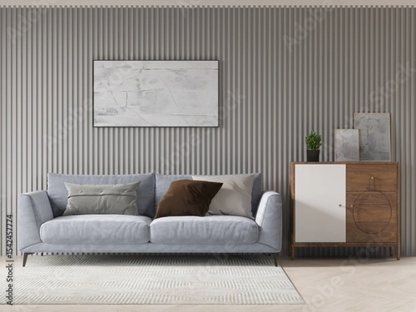 Fototapeta Mock up of a stylish living room with an original design with a fashionable comfortable sofa and an exclusive decorative background, 3D rendering.