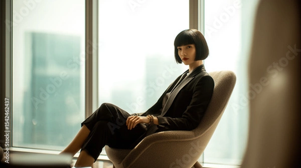 Fototapeta Asian businesswoman sitting in modern office, looking out over the cityscape through large windows. She wears a sleek black suit, exuding confidence and professionalism. Image made using Generative AI