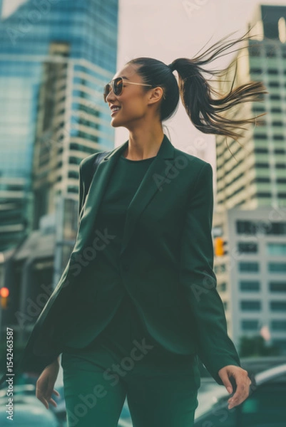 Fototapeta Confident Asian woman in a stylish green suit and sunglasses walks energetically through a vibrant urban cityscape, with tall buildings in the background. Image made using Generative AI.