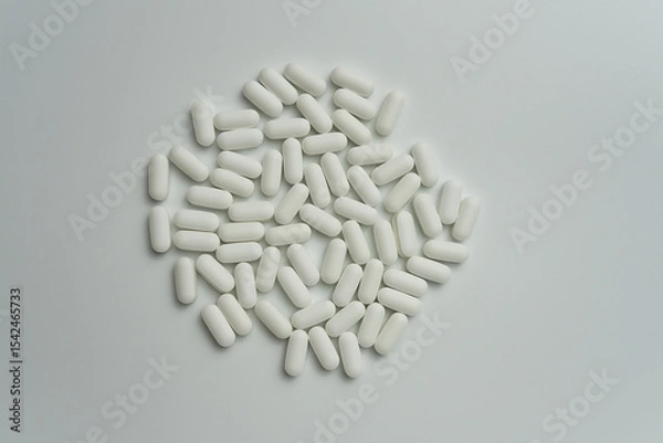 Fototapeta Group of white pills tablets on a light grey background top view