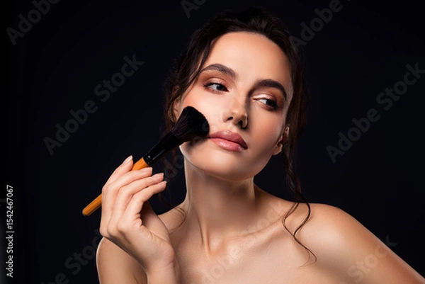 Obraz Portrait of a stylish young woman applying makeup with a brush against a dark background