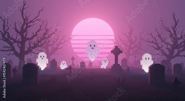 Obraz Vaporwave Graveyard with Pixelated Ghosts