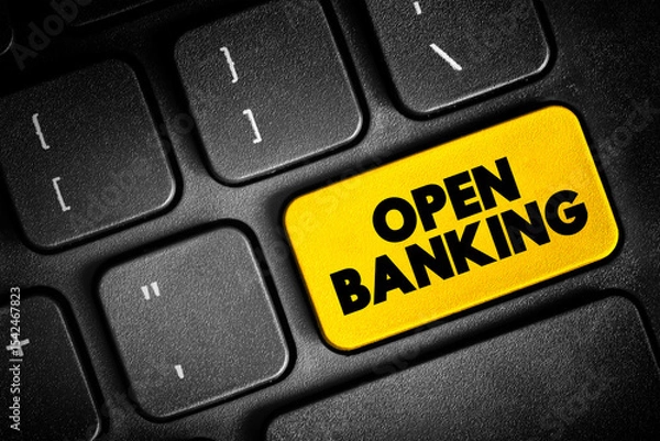 Obraz Open Banking - financial technology that enable third-party developers to build applications and services around the financial institution, text concept button on keyboard
