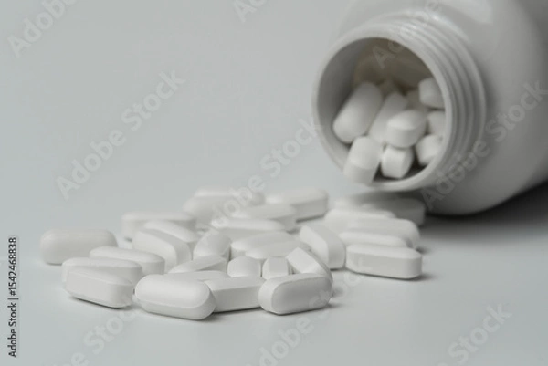Fototapeta White pills tablets spilled from a bottle on a light grey background 