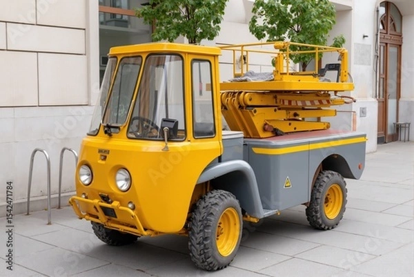 Fototapeta Yellow and gray scissor lift standing on the street. Construction machinery used for elevated work and maintenance. Safety equipment concept.