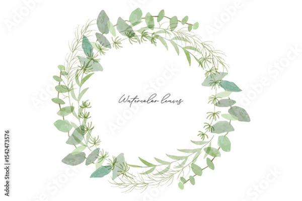 Obraz Watercolor summer leaves wreath frame. Watercolor summer leaves set with flowers and leaves. Spring and summer watercolor flower element vector set. Watercolor hand painted botanical floral.