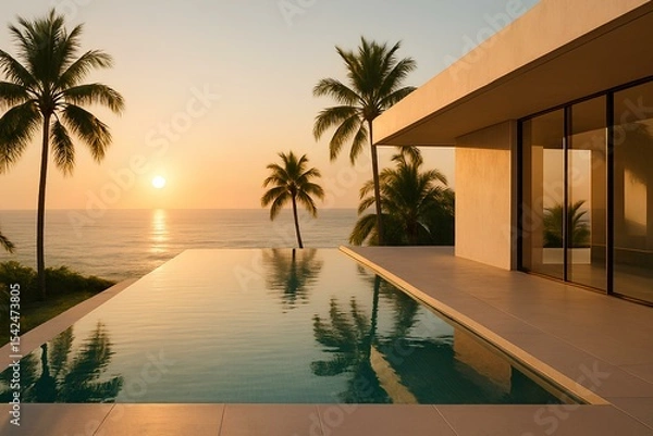 Fototapeta Modern infinity pool overlooking the ocean, minimalistic design, luxury seaside villa, palm trees around, sunset light