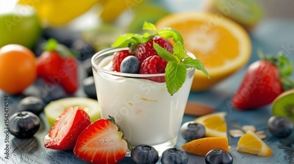 Fototapeta Glass of yogurt with fresh berries and mint leaf on a blue background with mixed fruit for healthy breakfast and snack.