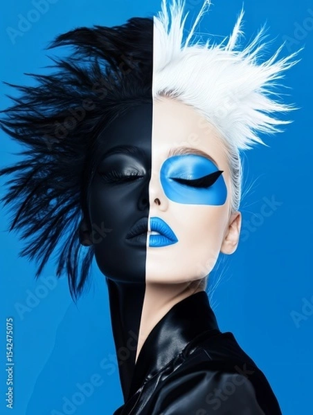 Fototapeta Woman with split face makeup, one side dark and one light with blue accents, symbolizing duality. Beauty concept for cosmetics campaign.