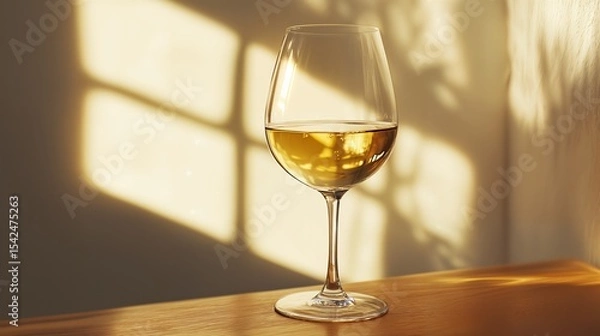 Fototapeta A clear glass of white wine on a table with sunlight casting shadows. Summer drink for celebration.