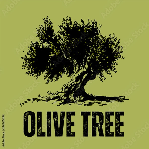 Obraz Vintage olive tree illustration, rustic black and green nature art design, perfect for organic and peaceful themes. Vector illustration