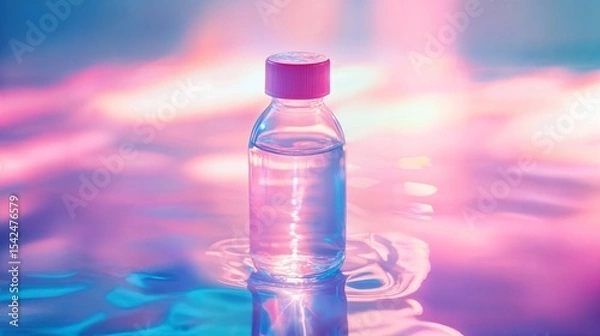 Fototapeta Clear small bottle with pink cap reflecting vibrant purple and blue light on water surface. Modern beauty product or liquid container.