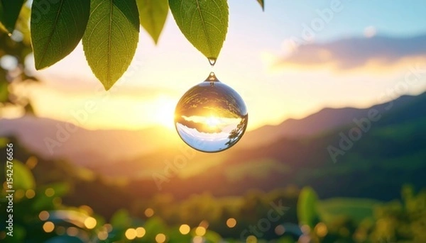 Fototapeta Water droplet reflecting landscape, nature, and a beautiful sunset in the distance.