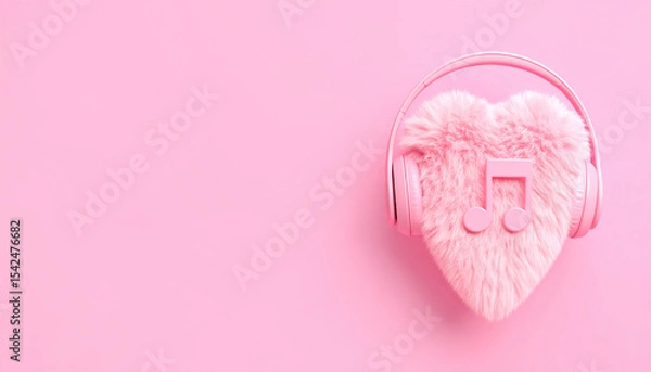 Fototapeta Heart-shaped headphones with music note on pink background create a warm feeling.