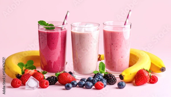Fototapeta Three colorful smoothies are placed with fruit on a pink background.