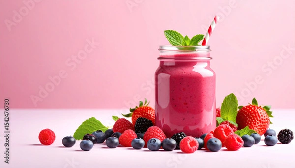Fototapeta Berry smoothie in jar with straw and assortment of fresh berries around it.