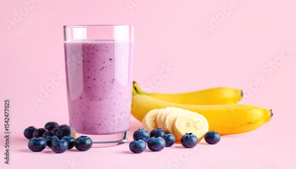 Fototapeta Delicious smoothie with bananas and blueberries, ready to be enjoyed on pink backdrop.
