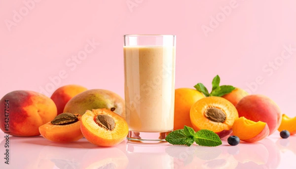 Fototapeta Refreshing peach smoothie surrounded by fresh peaches and mint sprigs on pink.