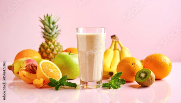 Fototapeta A refreshing fruit smoothie with fresh fruit arranged on a pink backdrop.