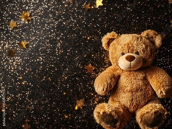 Fototapeta Brown teddy bear with a golden glitter bow on a dark background. Bokeh light. Birthday gift concept.