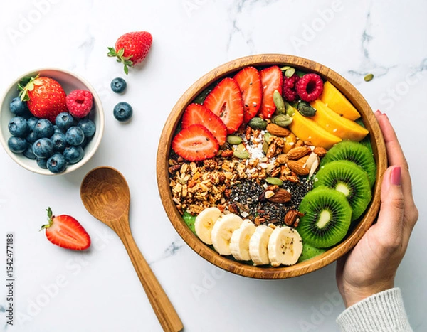 Fototapeta Colorful fruit smoothie bowl held by a woman's hand on marble background.