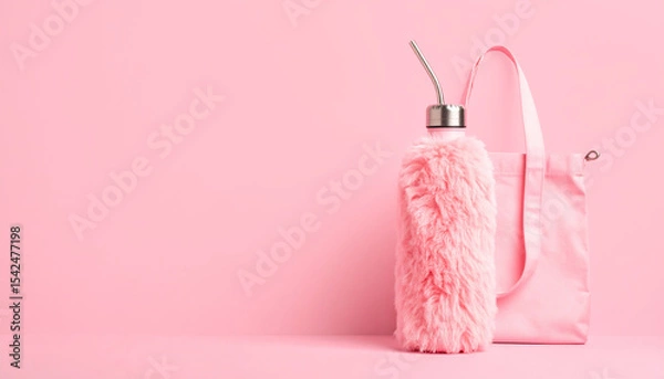 Fototapeta Pink themed reusable water bottle with straw and pink canvas tote bag on display