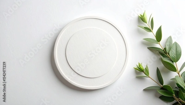 Fototapeta Minimalist round board with green plant accent, set against a white backdrop