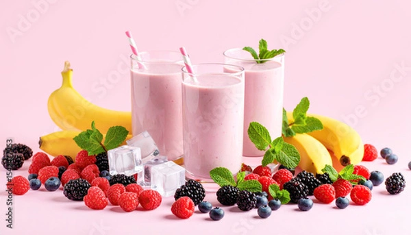Fototapeta Refreshing fruit smoothies in glasses surrounded by fresh berries and bananas.