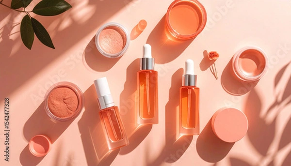 Fototapeta Peach-toned skincare and makeup arranged artfully on a light pink surface.