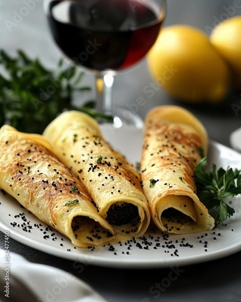 Fototapeta Delicious golden crepes rolled on a white plate with fresh herbs and black pepper. Perfect for breakfast or dessert.